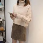 Plaid Mini A-line Skirt / Turtle-neck Sweater / Set