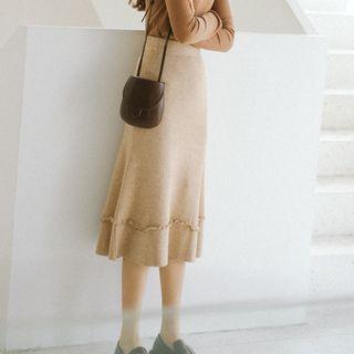 Midi A-line Knit Skirt Light Khaki - One Size