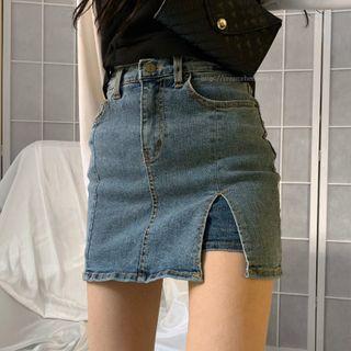 A-line High Waist Slit Denim Skirt