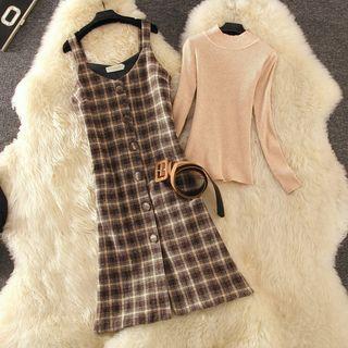 Long-sleeve Knit Top / Plaid Single-breasted Pinafore Dress / Set