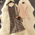 Long-sleeve Knit Top / Plaid Single-breasted Pinafore Dress / Set