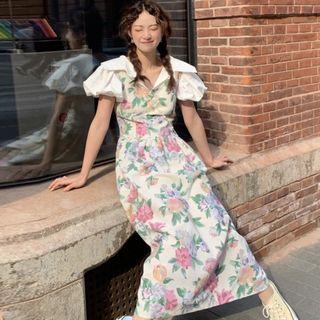 Puff-sleeve Plain Shirt / Sleeveless Floral Maxi Dress