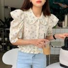 Puff-sleeve Collared Floral Print Blouse Blue Floral - Almond - One Size