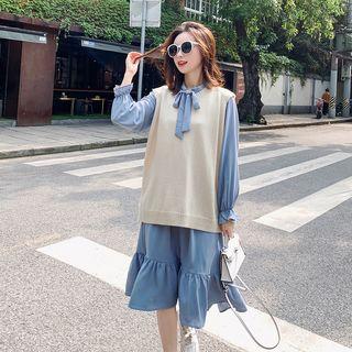 Long-sleeve Frill Trim A-line Midi Dress / Knit Vest