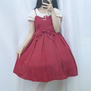 Embroidered Spaghetti Strap A-line Dress / Short-sleeve Top