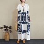 Short-sleeve Patterned Panel Midi A-line Dress White - One Size