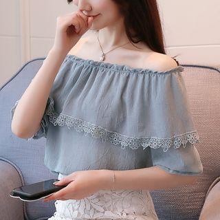 Elbow-sleeve Lace-trim Chiffon Blouse