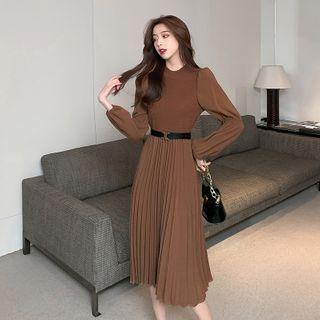 Knit Panel Pleated Midi A-line Dress