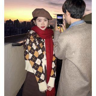 Argyle Cropped Cardigan Coffee - One Size