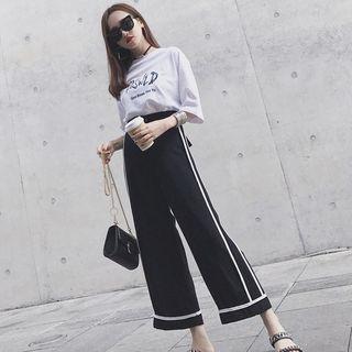 Set: Short-sleeve Lettering T-shirt + Wide-leg Pants
