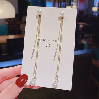 Faux Pearl Rhinestone Fringed Earring E1922 - 1 Pair - Gold - One Size