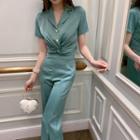 Set: Short-sleeve Crinkled Shirt + Wide-leg Pants