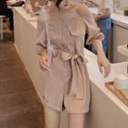 3/4-sleeve Off Shoulder Buttoned Playsuit