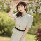 Set: Short-sleeve Button-up Peplum Blouse + Midi Mermaid Skirt