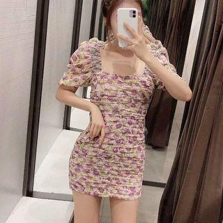 Balloon-sleeve Floral Print Ruched Sheath Dress