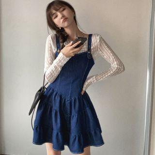 Tiered Mini A-line Denim Overall Dress
