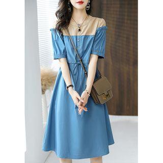 Mock Two-piece Puff-sleeve Paneled Drawstring Dress