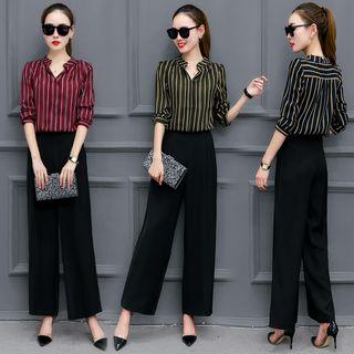 Set: Mandarin Collar V-neck Striped Blouse + Wide-leg Pants