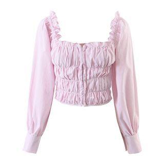 Long Sleeve Off-shoulder Striped Ruffled-trim Crop Blouse