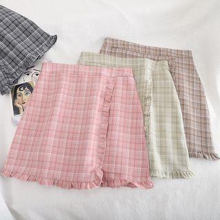 Frilled Trim Plaid Mini Pencil Skirt