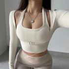 Long Sleeve Mock Two Piece Buckle Crop Top