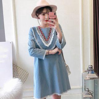 Frayed Trim Long-sleeve A-line Dress
