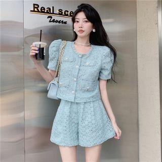Set: Short-sleeve Beaded Button-up Cropped Jacket + Wide Leg Shorts