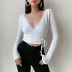 Wrapped Neck Lace Trim Cropped Knit Top