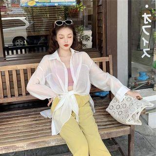Long-sleeve Plain Shirt / High-waist Plain Harem Pants / Plain Camisole