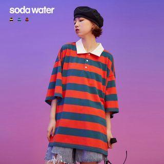 Striped Lettering Loose Polo Shirt
