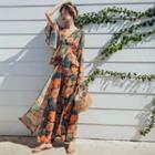Long-sleeve Floral Print Chiffon Jumpsuit