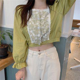 Bell-sleeve Ruffle Trim Lace Panel Blouse