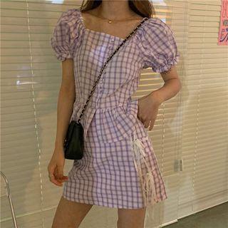 Puff-sleeve Plaid Crop Top / Fitted Mini Skirt