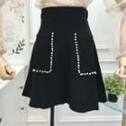 High-waist Faux-pearl Knit A-line Skirt Black - One Size