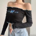Long-sleeve Butterfly Embroidery Cropped Top