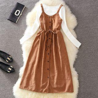 Set: Plain Long Sleeve Top + Button Down Pinafore Dress