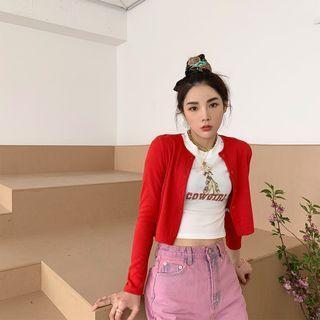 Set: Round-neck Cardigan + Printed T-shirt