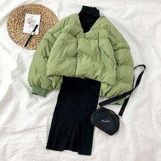 Cropped Padded Coat / Turtleneck Long-sleeve Midi Knit Dress