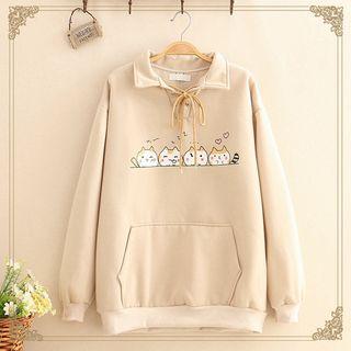 Cat Print Lapel Fleece-lined Pullover