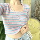 Short Sleeve Striped Cropped Top Striped - One Size