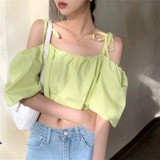 Cold-shoulder Puff-sleeve Cropped Blouse