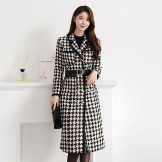 Double-breasted Houndstooth Coat With Belt