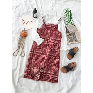 Lace Collar Blouse / Plaid Pinafore Dress
