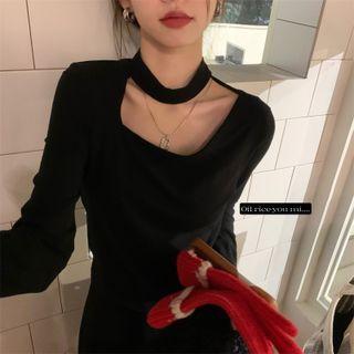 Long-sleeve Cutout Plain Slim-fit Top Black - One Size