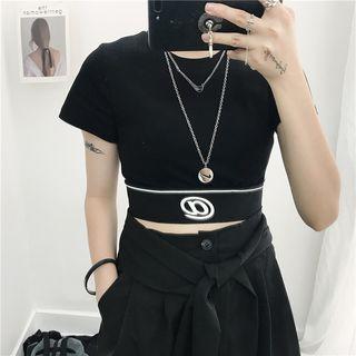 Printed Short-sleeve Crop Top Black - One Size