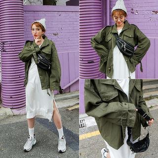 Pocket-detail Drawstring-waist Parka Khaki - One Size