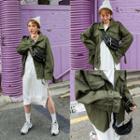 Pocket-detail Drawstring-waist Parka Khaki - One Size