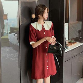 Two Tone Peter Pan Collar Short Sleeve Buttoned A-line Dress