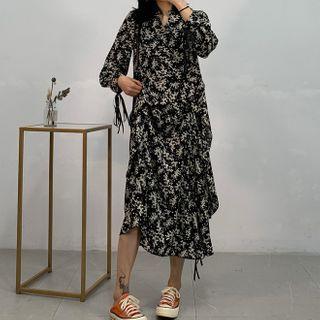 Long-sleeve Floral Print Chiffon Frill Trim Midi Dress