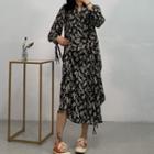 Long-sleeve Floral Print Chiffon Frill Trim Midi Dress